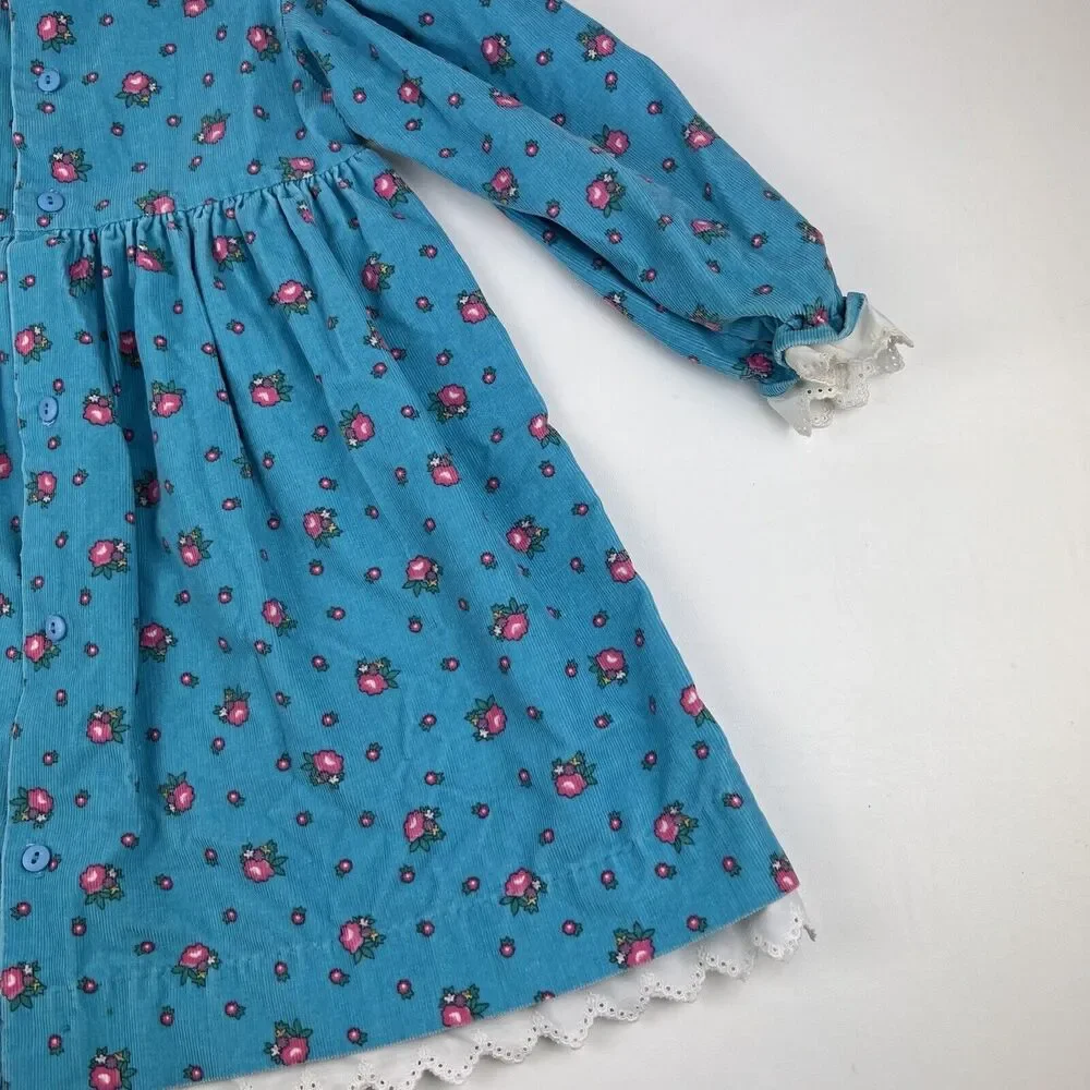 OSHKOSH B'GOSH Corduroy Long Sleeve Dress VTG 90s Floral Blue Kids Youth Girl 6